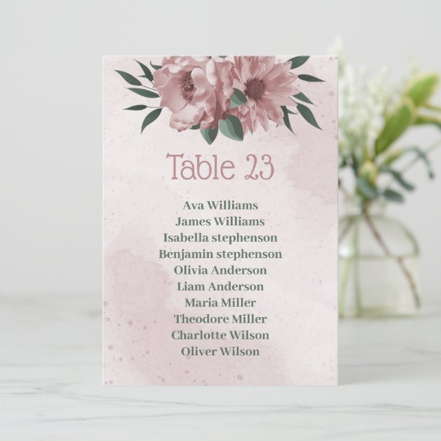 pretty pink flowers botanical seating chart card (Standing Front)