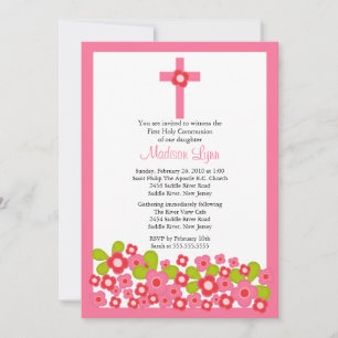 Pretty Pink Flowers & Cross First Holy Communion Invitation