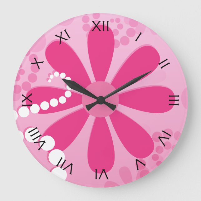 Pretty Pink Flowers Cute Retro Daisy Pattern Large Clock (Front)