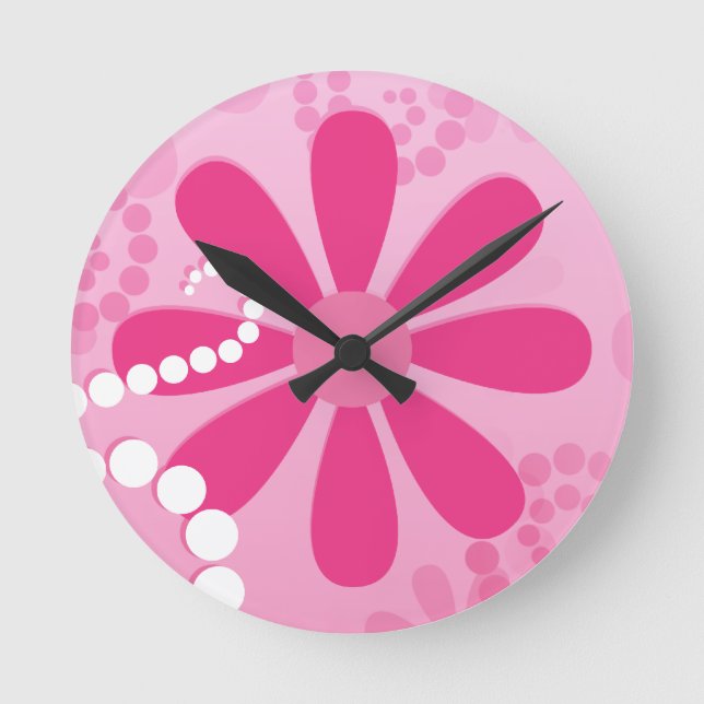 Pretty Pink Flowers Cute Retro Daisy Pattern Round Clock (Front)