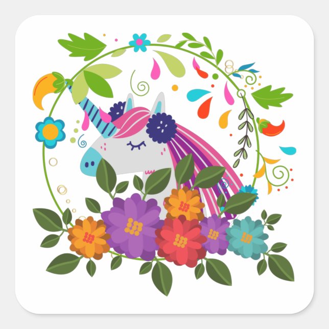 Pretty Pink Flowers Cute Unicorn Christmas Xmas  Square Sticker (Front)
