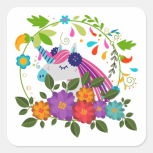 Pretty Pink Flowers Cute Unicorn Christmas Xmas Square Sticker