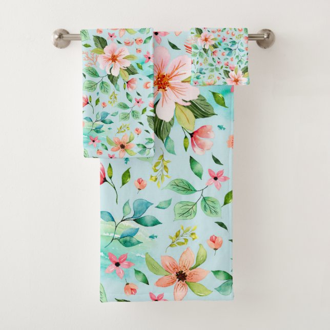 Pretty Pink Flowers Floral Bath Towel Set (Insitu)