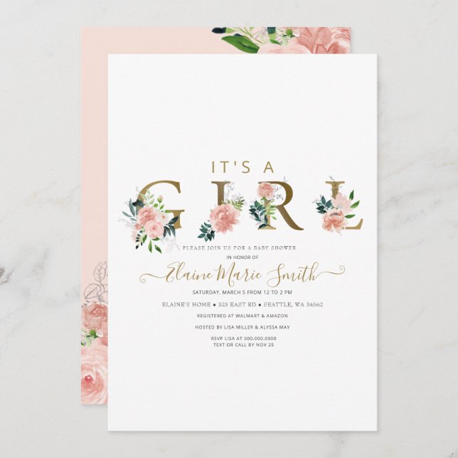 Pretty Pink Flowers Floral Girl Baby Shower Invita Invitation (Front/Back)