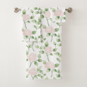 Pretty Pink Flowers Green Leaves Bath Towel Set