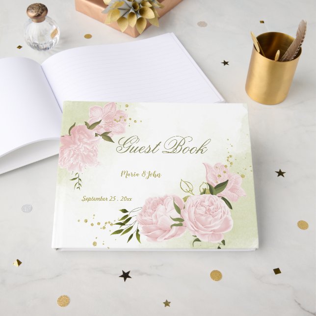 pretty pink flowers green leaves botanical guest book (Front Open)