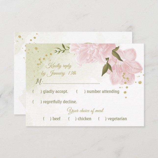 pretty pink flowers green leaves botanical RSVP card (Front/Back)