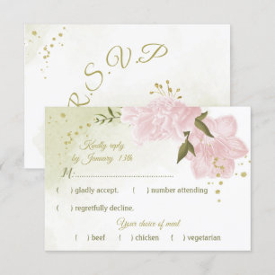 pretty pink flowers green leaves botanical RSVP card