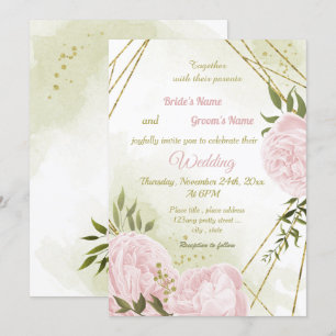 pretty pink flowers greenery geometric wedding invitation