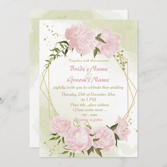 pretty pink flowers greenery geometric wedding invitation (Front/Back)