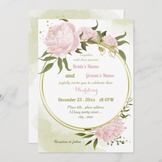 pretty pink flowers greenery geometric wedding invitation (Front/Back)