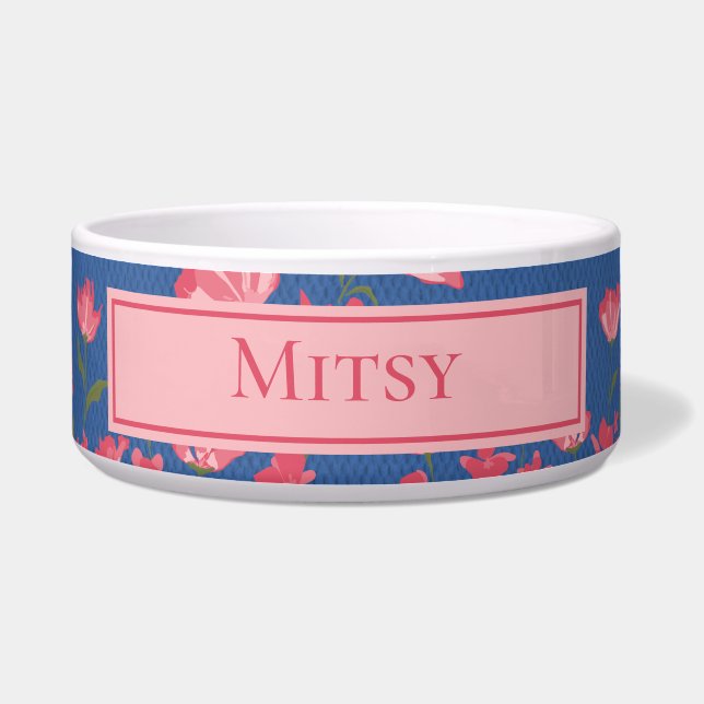 Pretty Pink Flowers on Blue Pet Bowl (Front)