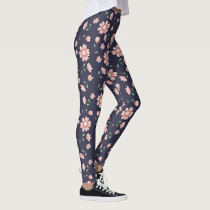 Pretty Pink Flowers On Navy Leggings