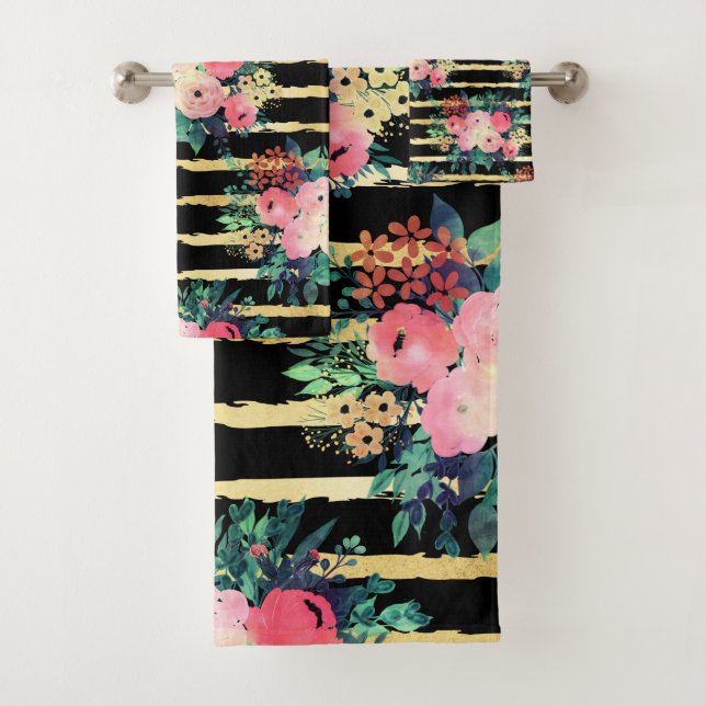Pretty Pink Flowers Paint Gold Stripes Pattern Bath Towel Set (Insitu)