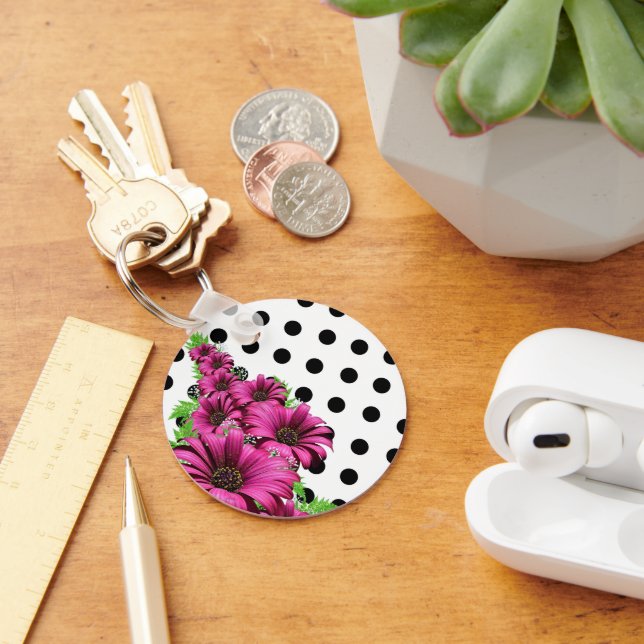 Pretty Pink Flowers Polka Dot Key Ring (Desk)
