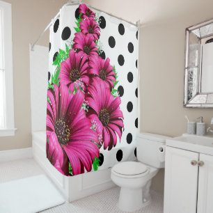 Pretty Pink Flowers Polka Dot Shower Curtain
