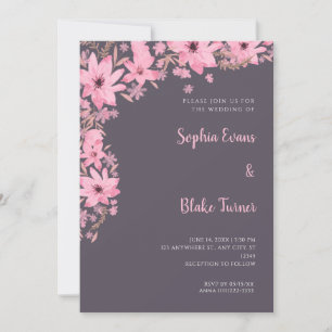 Pretty Pink Flowers Romantic Smoke Grey Wedding Invitation