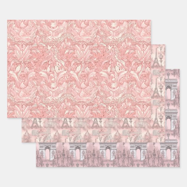 Pretty Pink French Parisian Design Wrapping Paper Sheet (Set)
