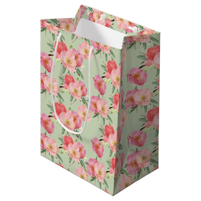 Pretty Pink Garden Flowers Watercolor Medium Gift Bag (Front Angled)