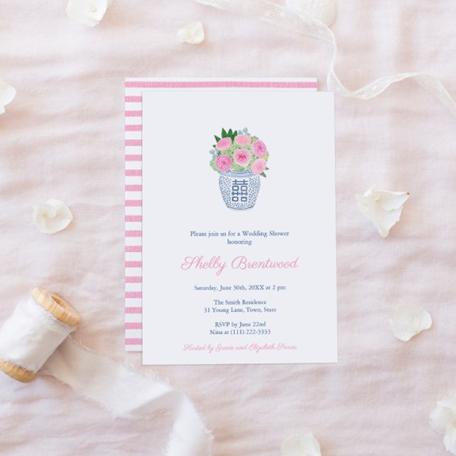 Pretty Pink Garden Roses Ginger Jar Bridal Shower  Invitation (Pink Garden Roses With Foliage In Ginger Jar Bridal Shower Invitation With Pink White Stripe Reverse)