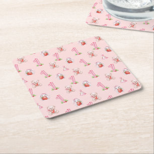 Pretty Pink Gingham, Bunnies and Bears! Square Paper Coaster