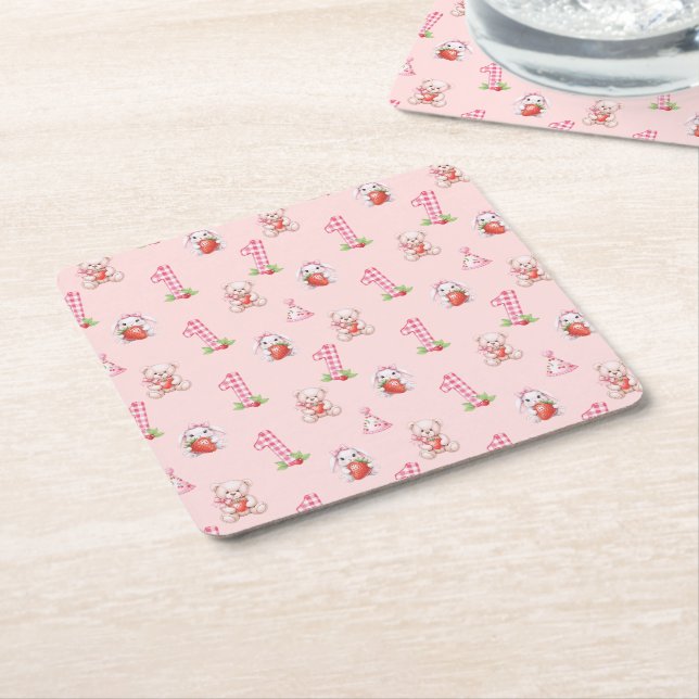 Pretty Pink Gingham, Bunnies and Bears! Square Paper Coaster (Angled)