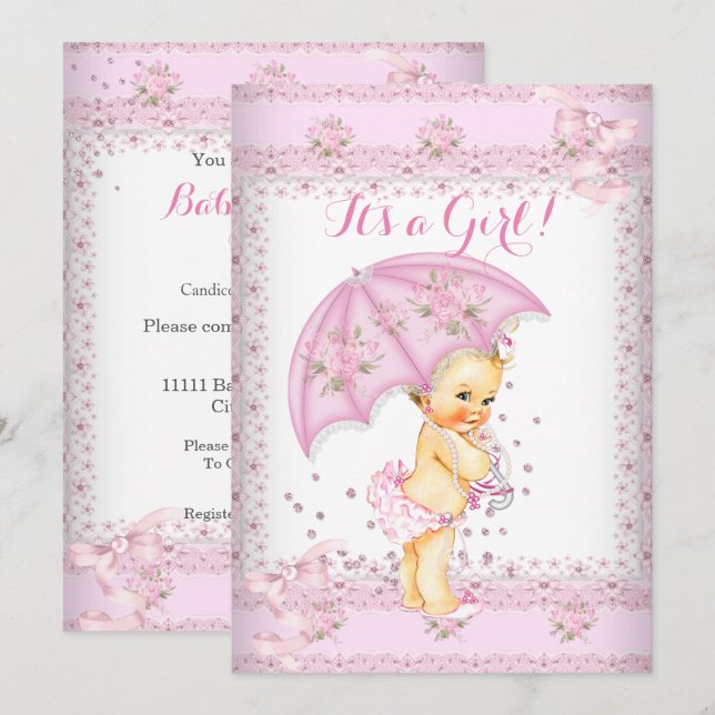 Pretty Pink Girl Baby Shower Floral Umbrella Blond Invitation (Front/Back)