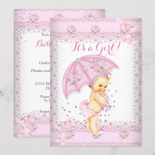 Pretty Pink Girl Baby Shower Floral Umbrella Blond Invitation