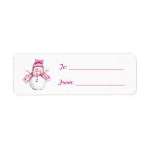 Pretty Pink Girl Snowman Bow Christmas Return Address Label