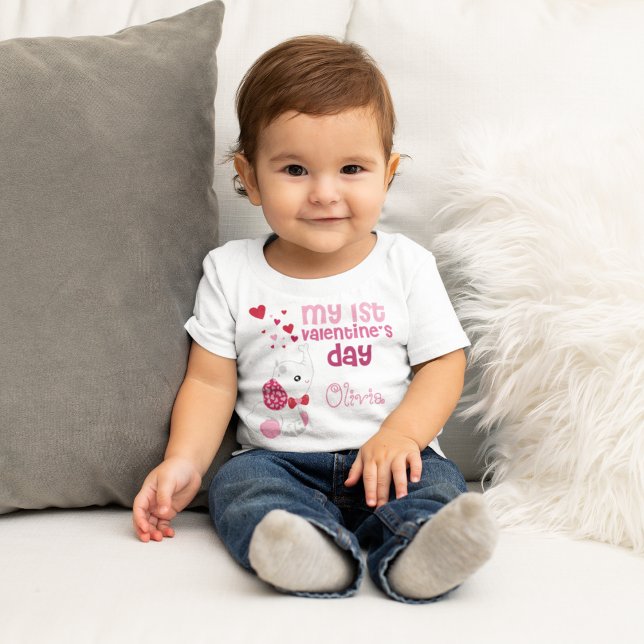 Pretty Pink Girl's First Valentine's Day Custom Baby T-Shirt (Creator Uploaded)