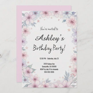 Pretty Pink Girl's Flower Birthday Party  Invitation
