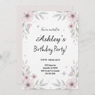 Pretty Pink Girl's Flower Birthday Party  Invitation