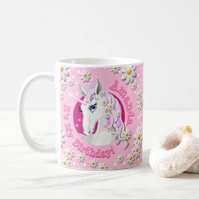 Pretty Pink Girls Personalized Unicorn Party Coffee Mug (With Donut)