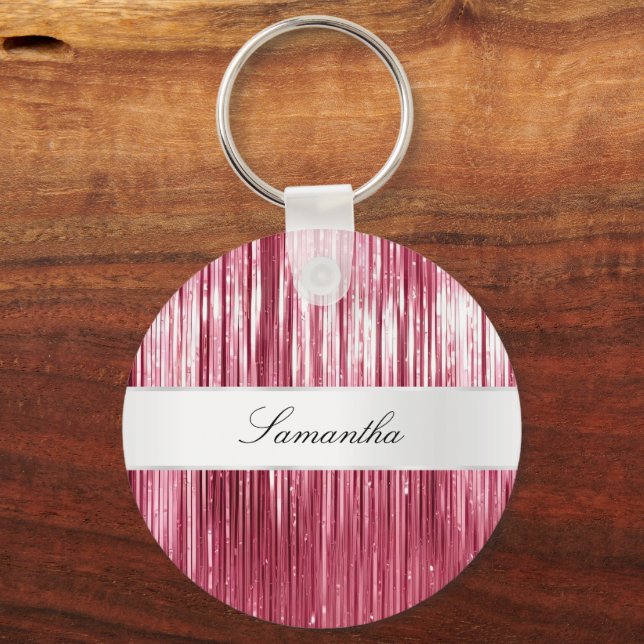 Pretty Pink Glam Tinsel Stripes Key Ring (Front)