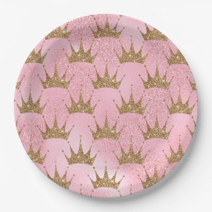 Pretty Pink Glitter and Gold Princess Crown Paper Plate