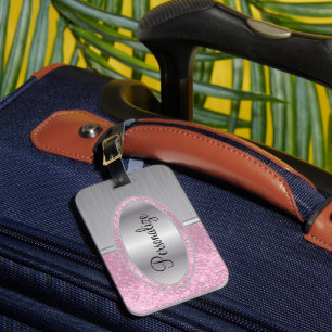 Pretty Pink Glitter and Metal Brush Steel Print Luggage Tag