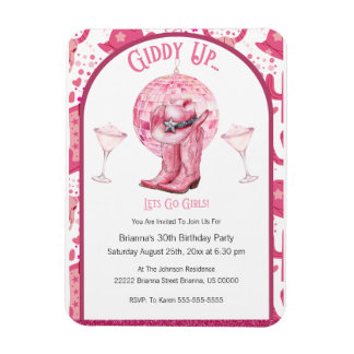 Pretty Pink & Glitter Cowgirl Birthday Invitation Magnet