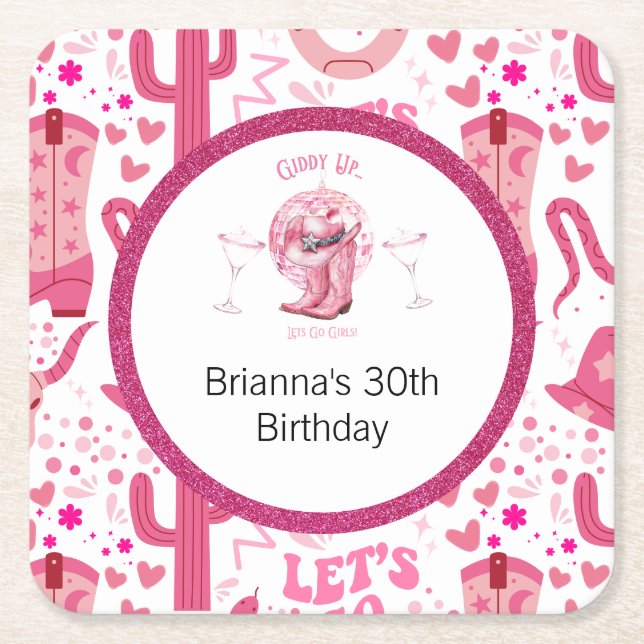 Pretty Pink & Glitter Cowgirl Birthday  Square Paper Coaster (Front)
