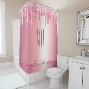 PRETTY PINK GLITTER DRIP CUSTOM NAME MONOGRAM SHOWER CURTAIN