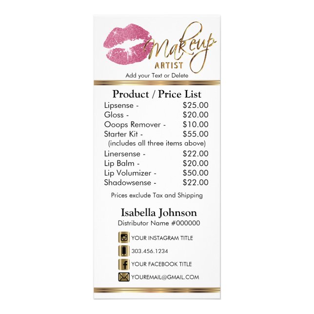Pretty Pink Glitter Lips - White -  Price List  Rack Card (Front)