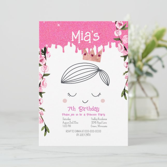 Pretty Pink Glitter Princess Girls Birthday Invitation (Standing Front)