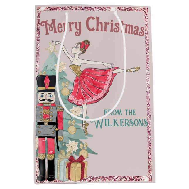 Pretty Pink Glitter & Teal Nutcracker Christmas Medium Gift Bag (Front)