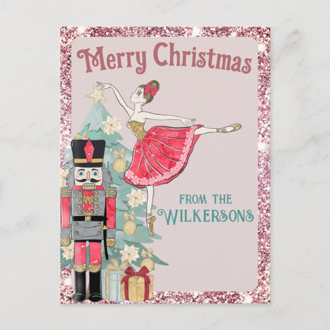 Pretty Pink Glitter & Teal Nutcracker Christmas Postcard (Front)