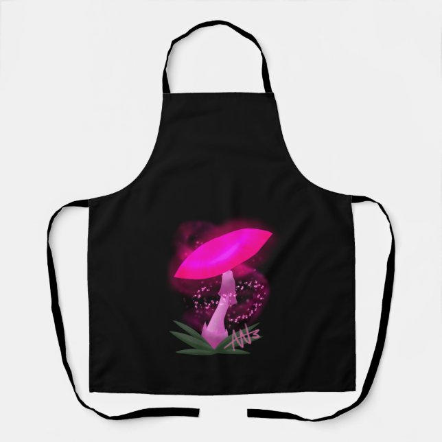 Pretty Pink Glowing Mushroom Black Strap Apron (Front)