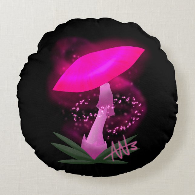 Pretty Pink Glowing Mushroom Round Cushion (Front)