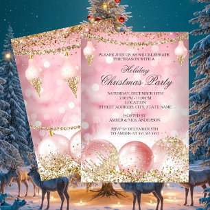 Pretty Pink Gold Bauble Holiday Christmas Party Invitation