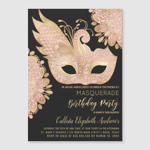 Pretty Pink Gold Black Masquerade Mask Birthday Magnetic Invitation