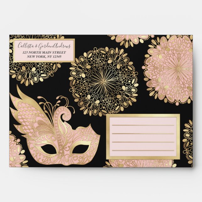 Pretty Pink Gold Black Masquerade Mask Envelope (Front)
