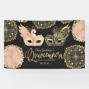 Pretty Pink Gold Black Masquerade Mask Quinceañera Banner