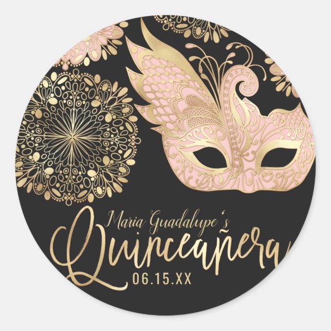Pretty Pink Gold Black Masquerade Mask Quinceañera Classic Round Sticker (Front)